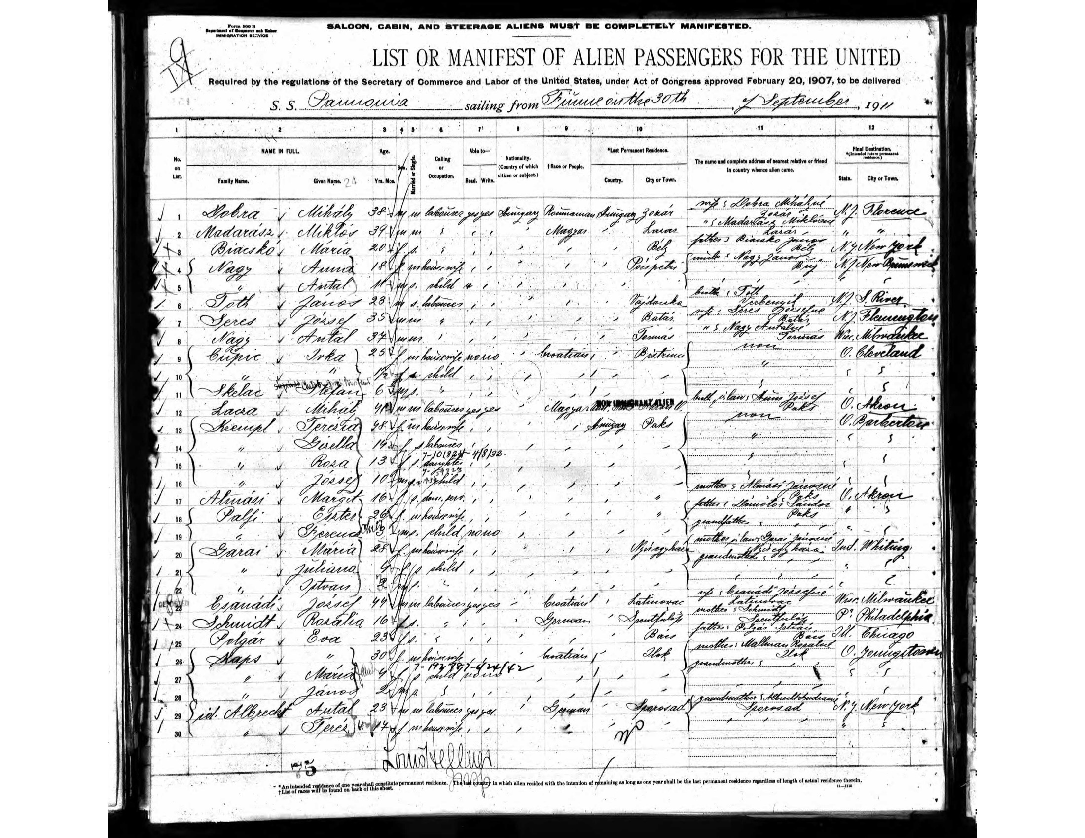 Ellis Island New York, U.S., Arriving Passenger and Crew Lists (including Castle Garden and Ellis Island), 1820-1957 for Eva Kapsz