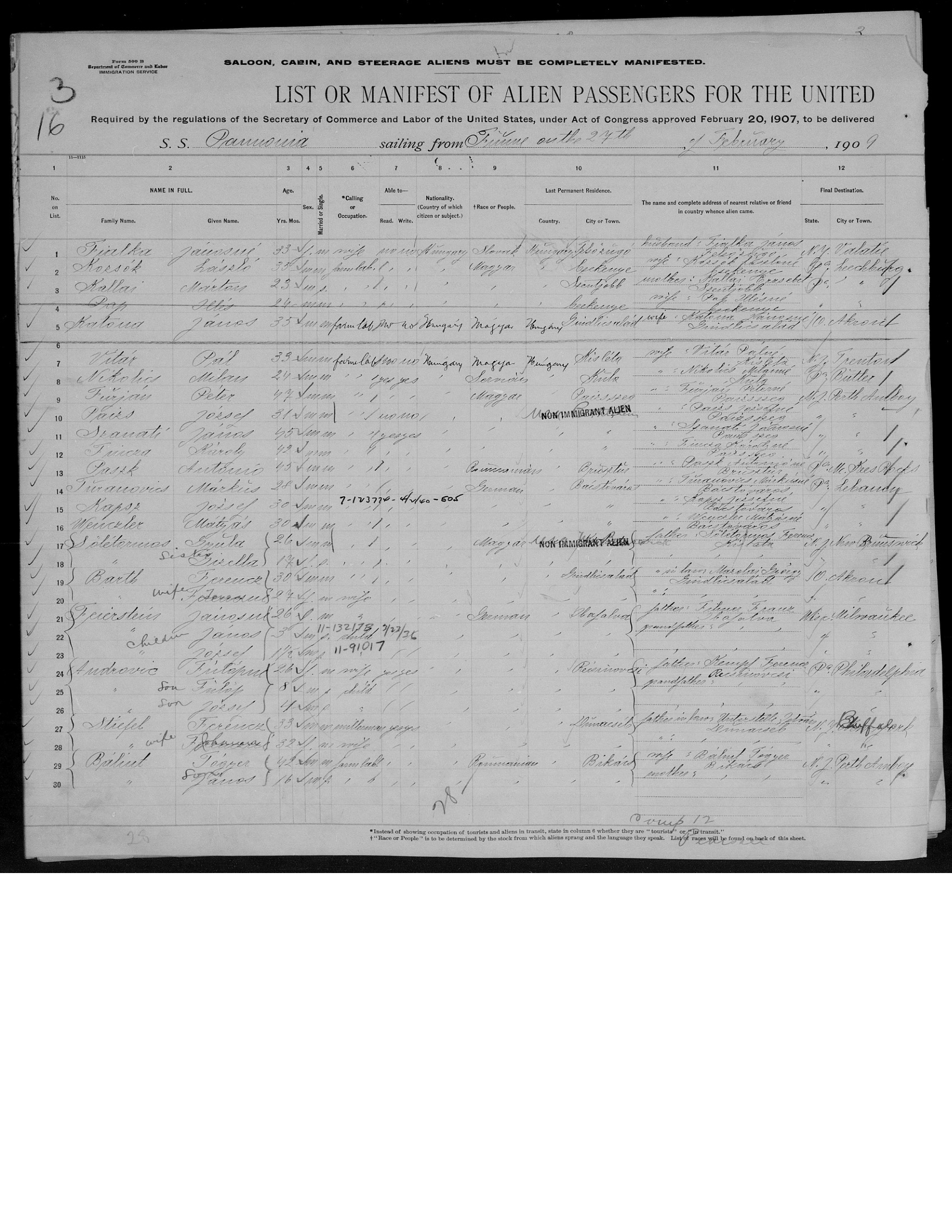 Ellis Island New York, U.S., Arriving Passenger and Crew Lists (including Castle Garden and Ellis Island), 1820-1957 for Jozsef Kaps