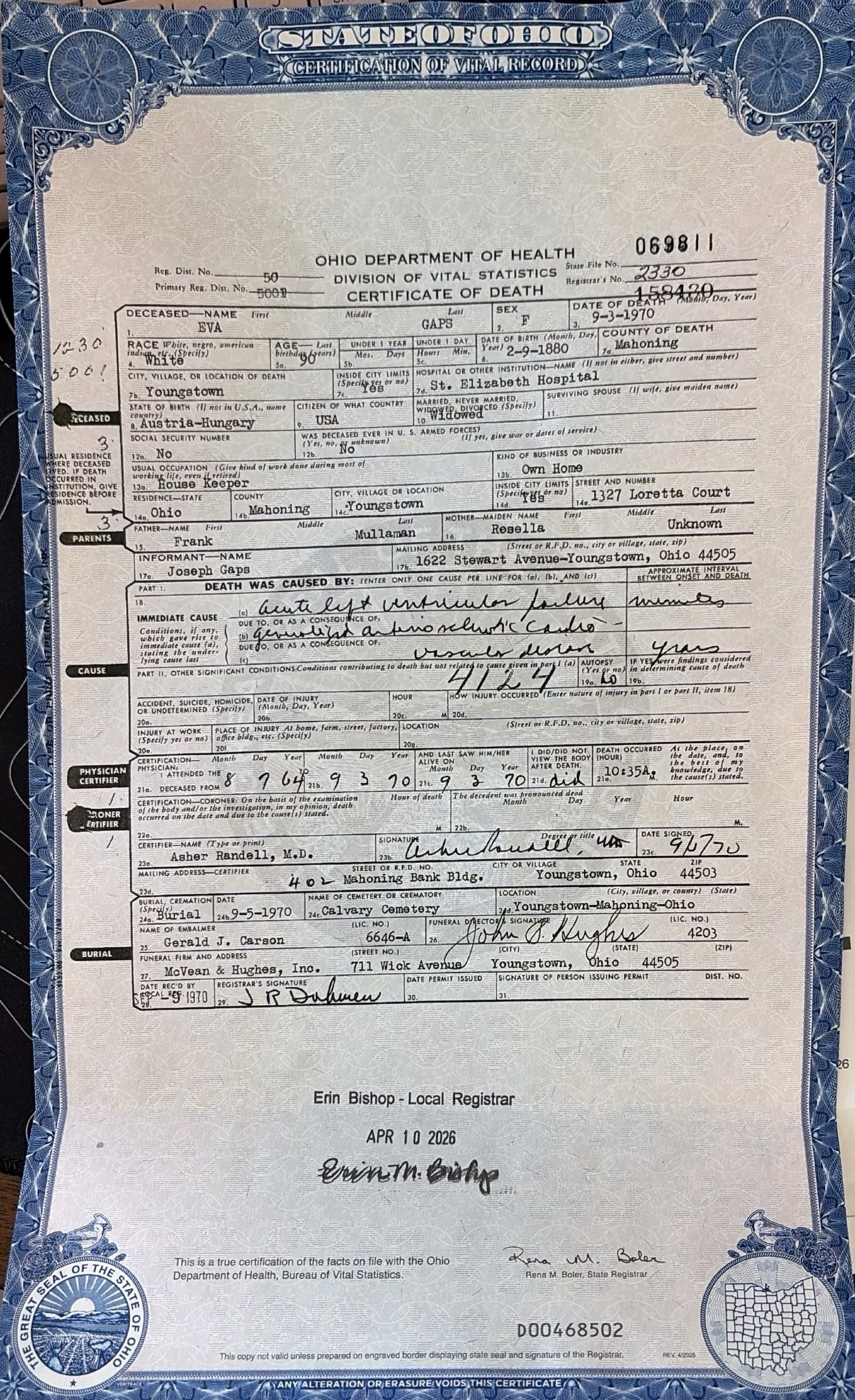 Eva Gaps Death Certificate