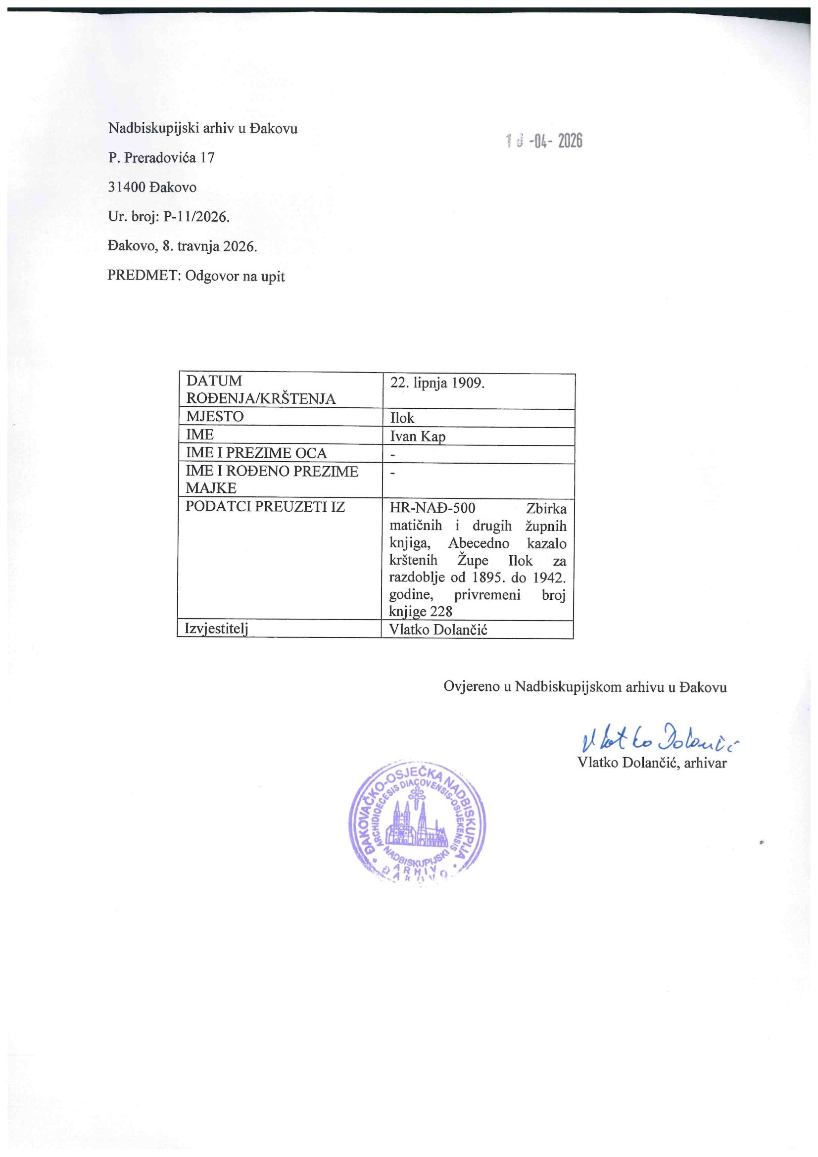Ivan Kap Birth Registry Extract