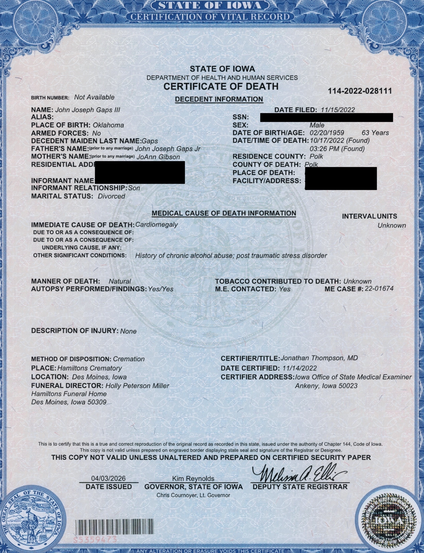 John Gaps III Death Certificate