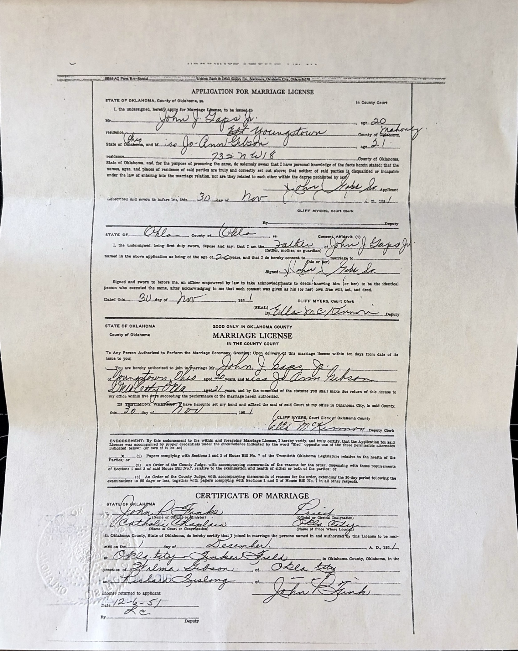 John Gaps Jr and Jo Ann Gibson Marriage Certificate