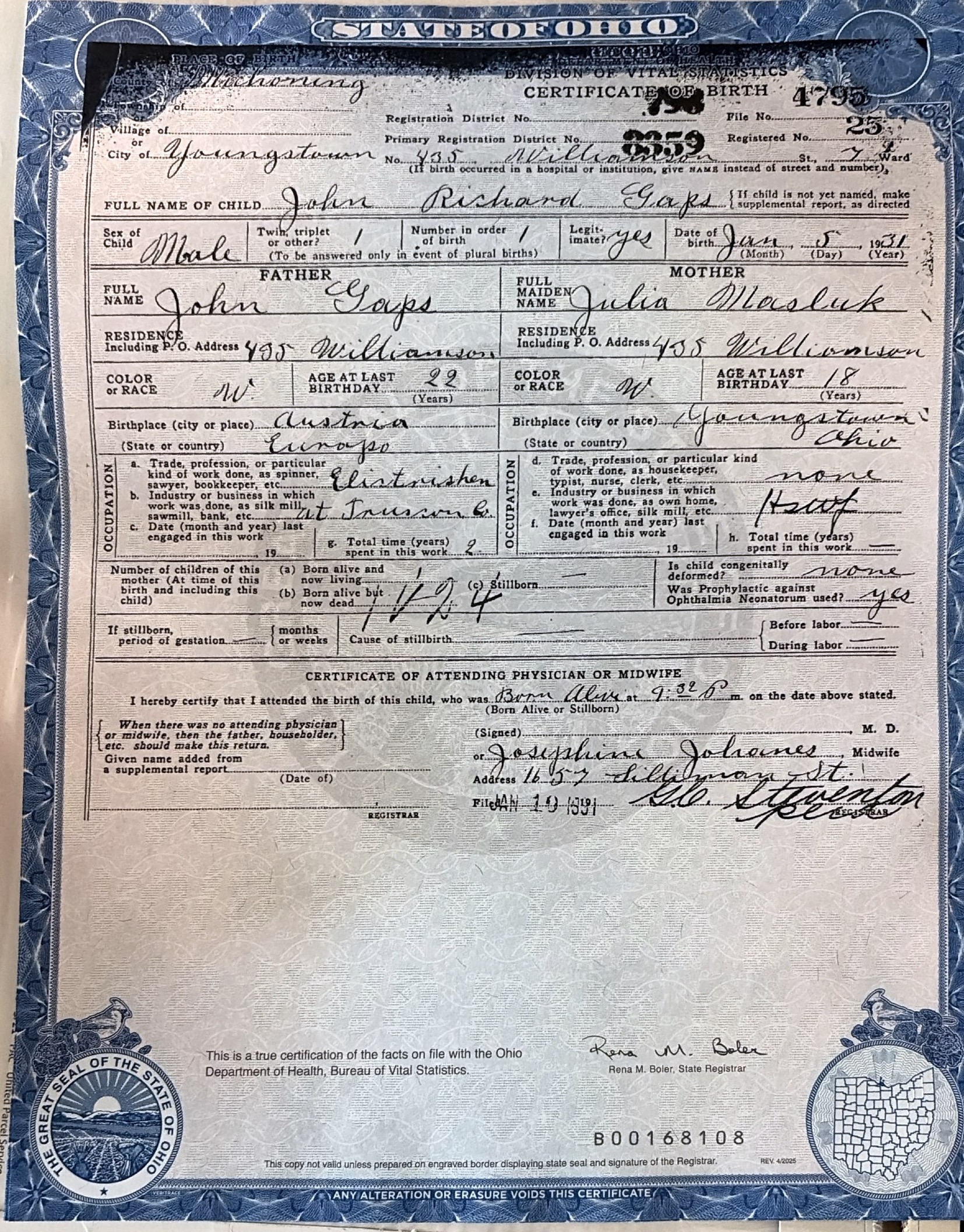 John Gaps Jr Birth Certificate