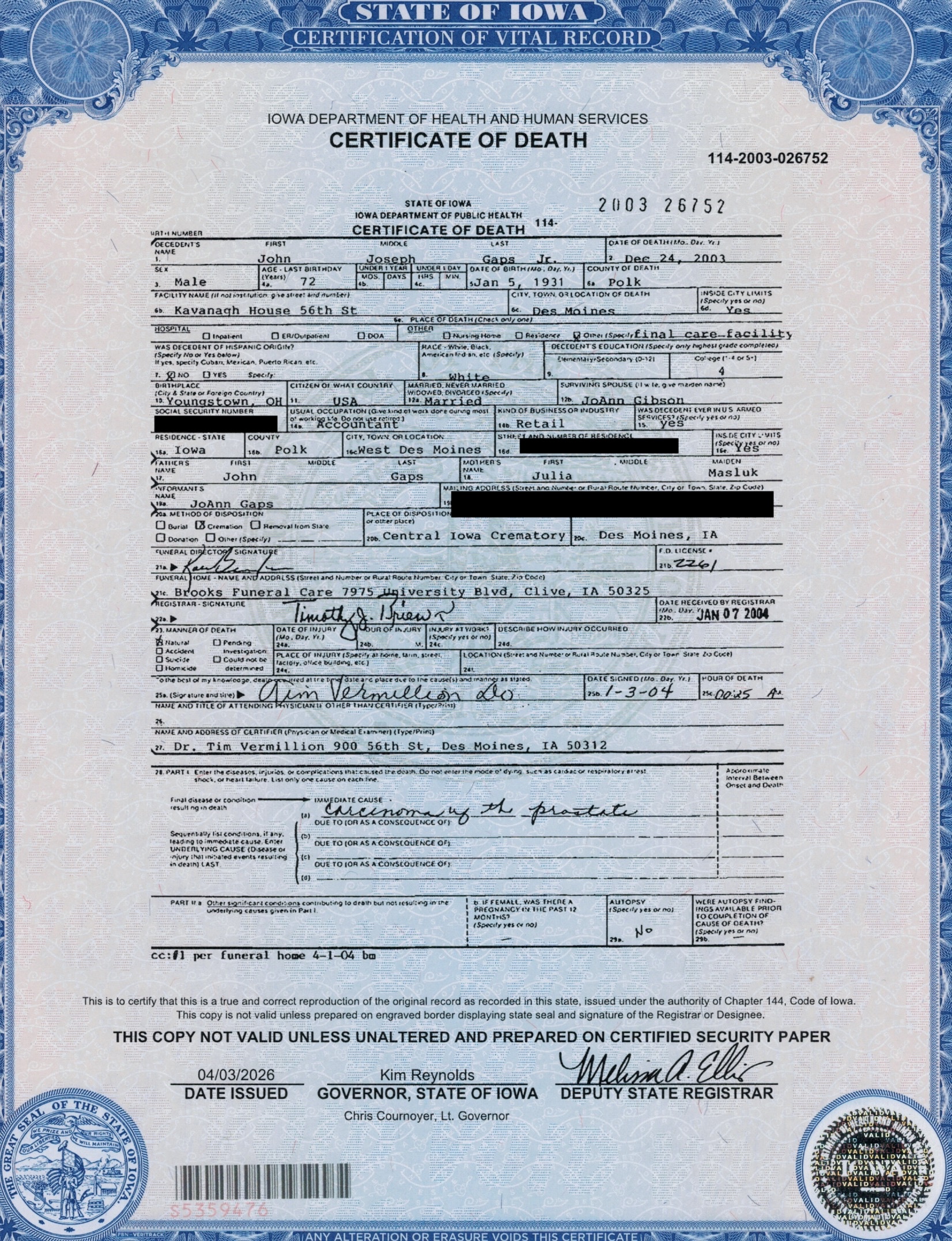 John Gaps Jr Death Certificate