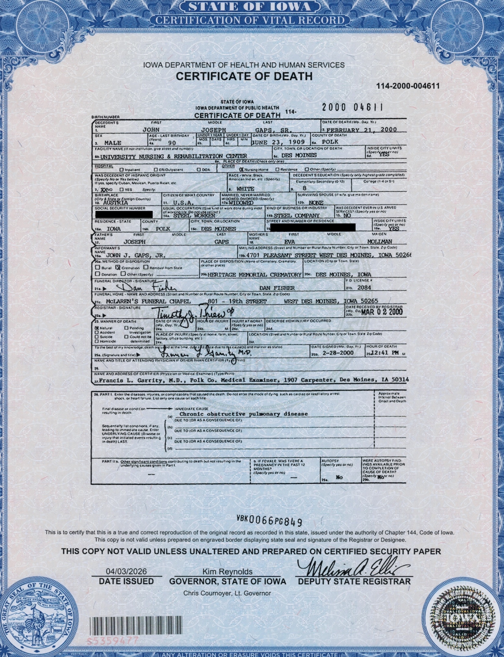 John Gaps Sr Death Certificate