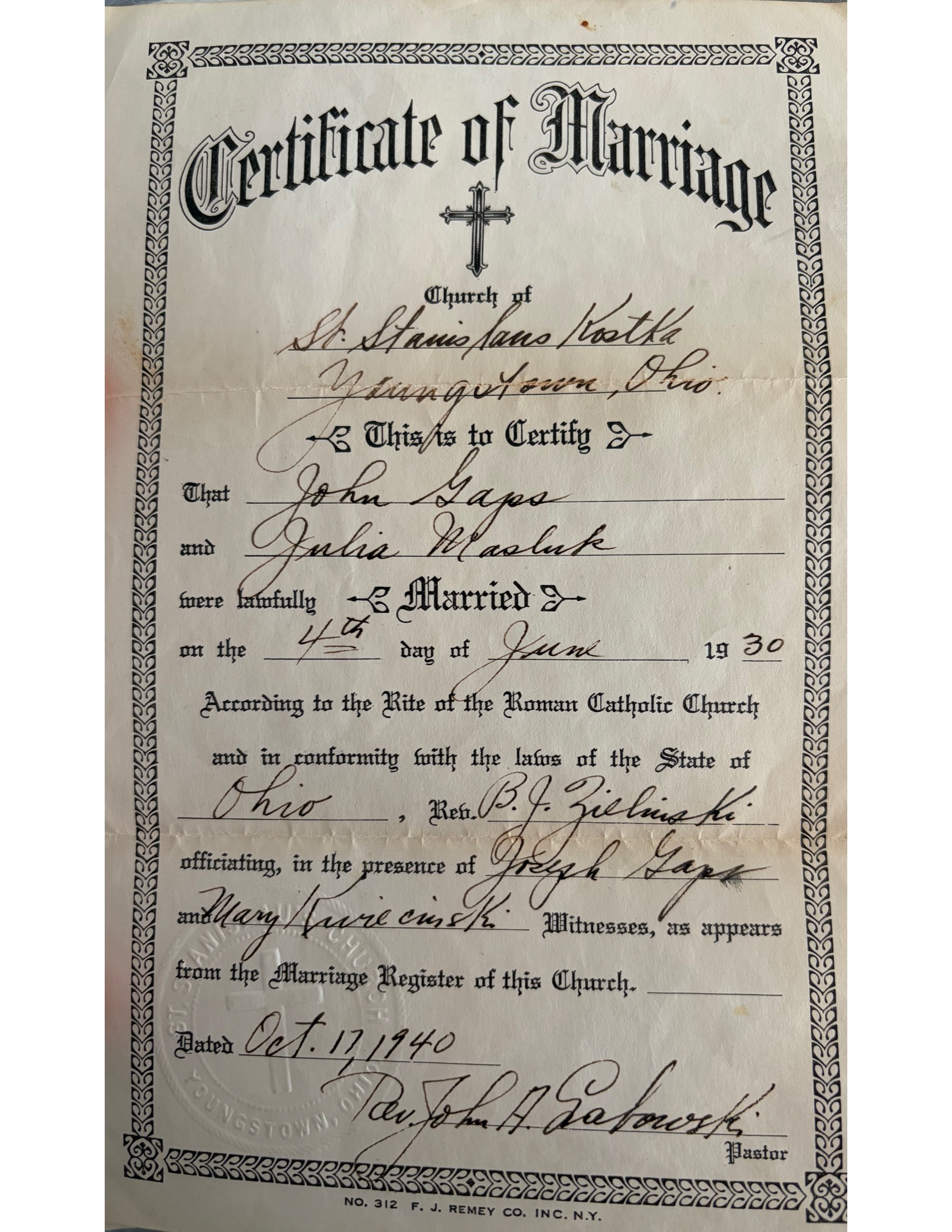 John Gaps Sr and Julia Masluk Marriage Certificate