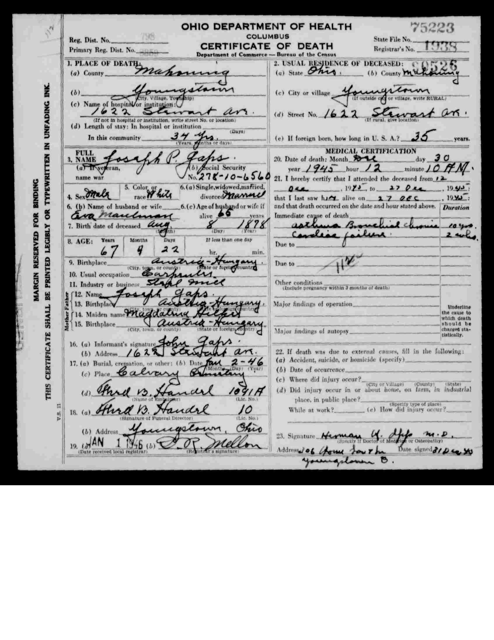 Joseph Gaps Sr Death Certificate